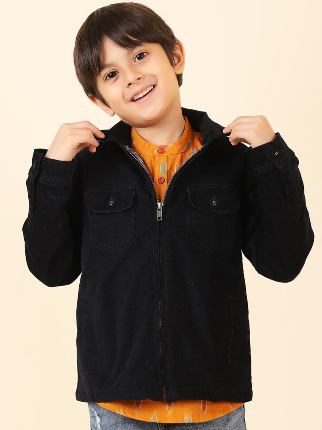 

Fabindia Boys Cotton Long Sleeves Denim Jacket, Navy blue