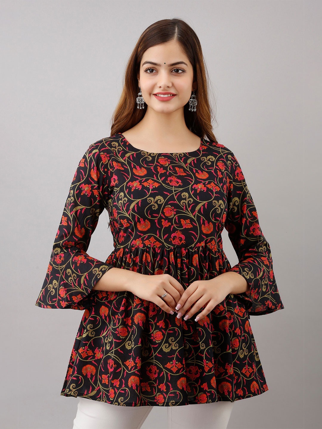 

Women Touch Square Neck Printed Cotton Tunic, Black