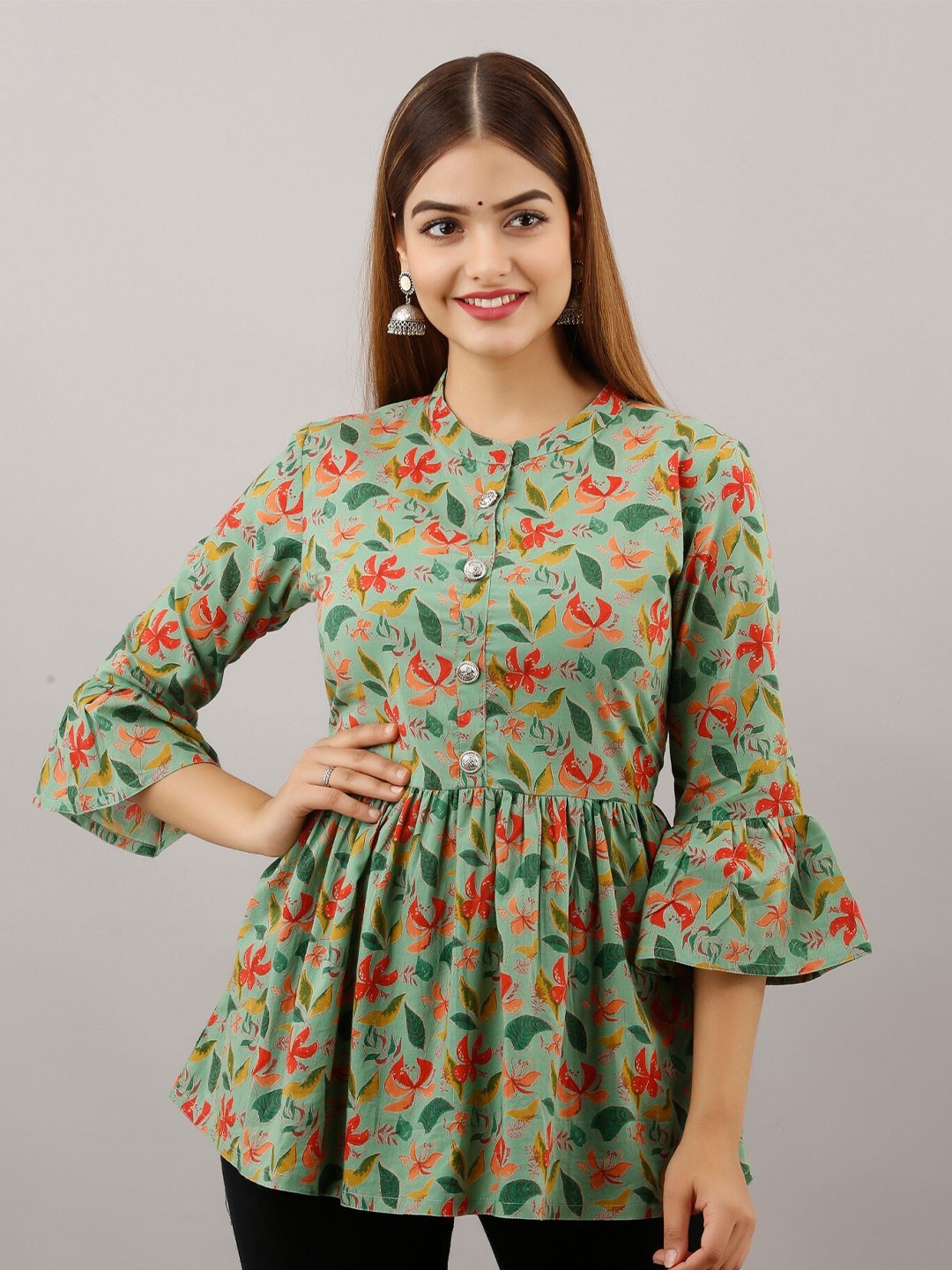 

Women Touch Band Collar Printed Cotton Tunic, Green