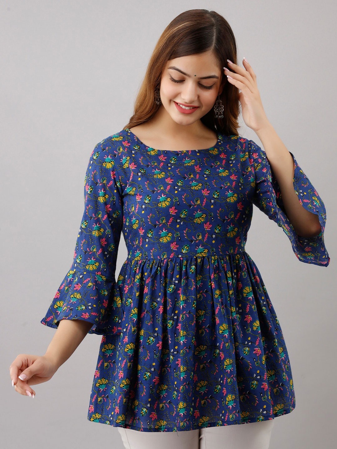 

Women Touch Square Neck Printed Cotton Tunic, Blue