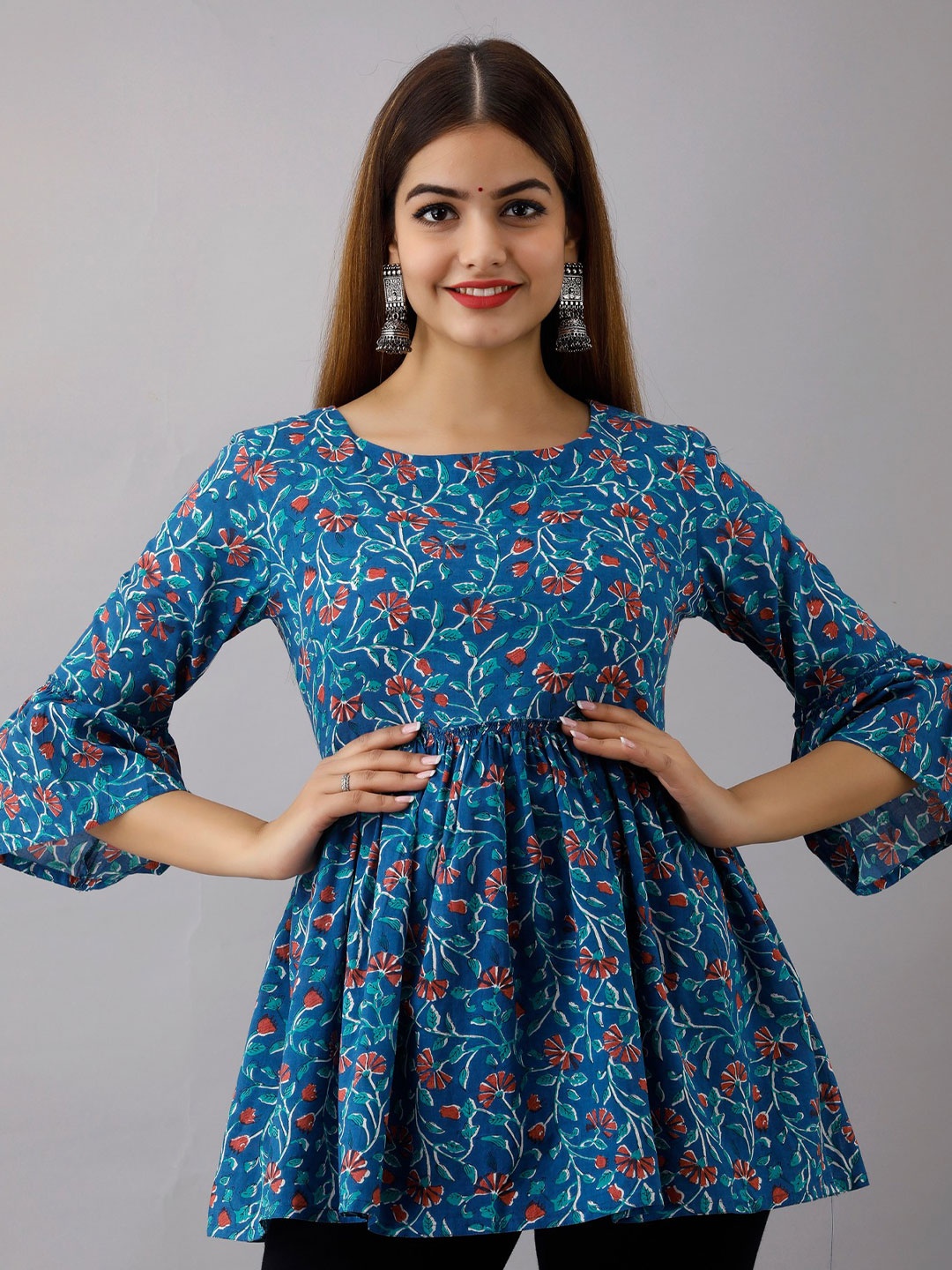 

Women Touch Floral Print Empire Cotton Top, Blue