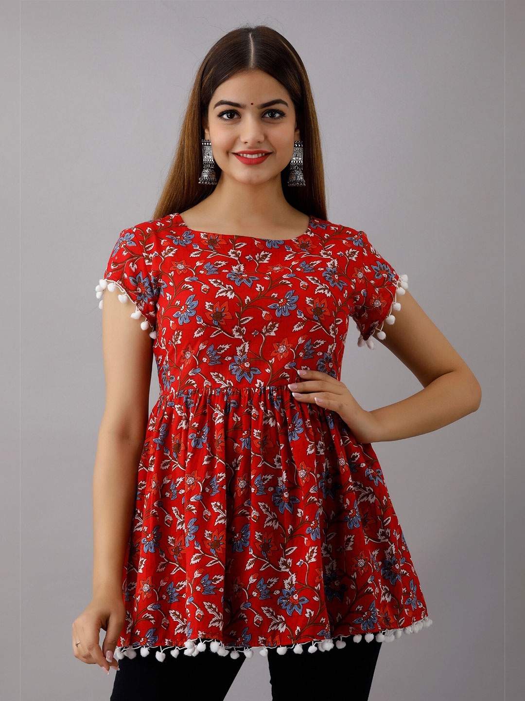 

Women Touch Floral Printed Pure Cotton Pleated Anarkali Kurti, Red