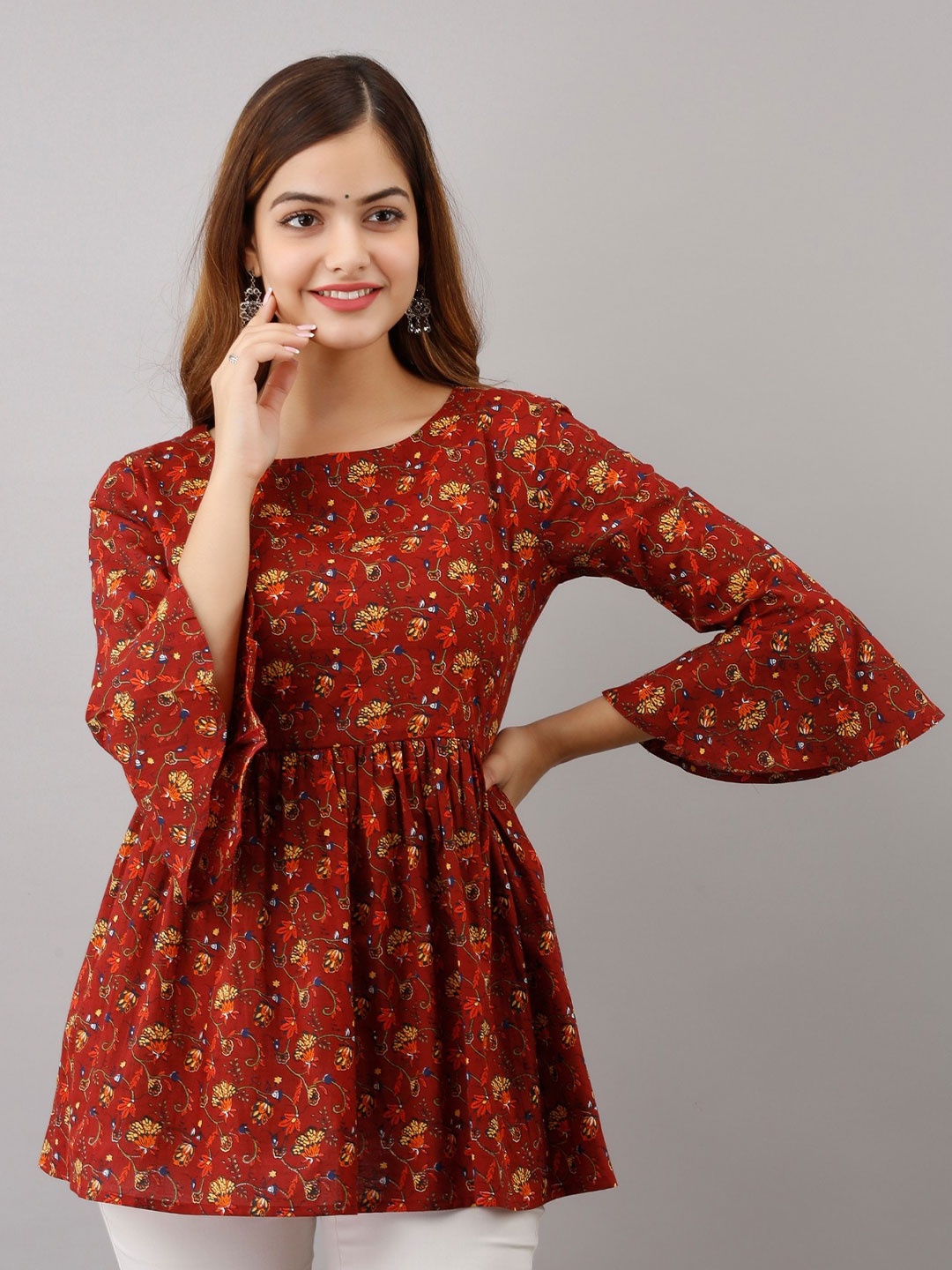 

Women Touch Floral Printed Pure Cotton Pleated Anarkali Kurti, Maroon