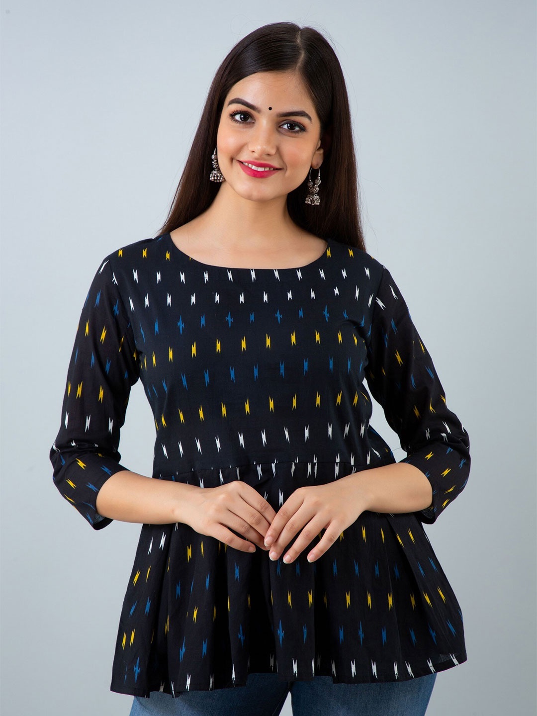 

Women Touch Abstract Printed Cotton A-Line Top, Navy blue