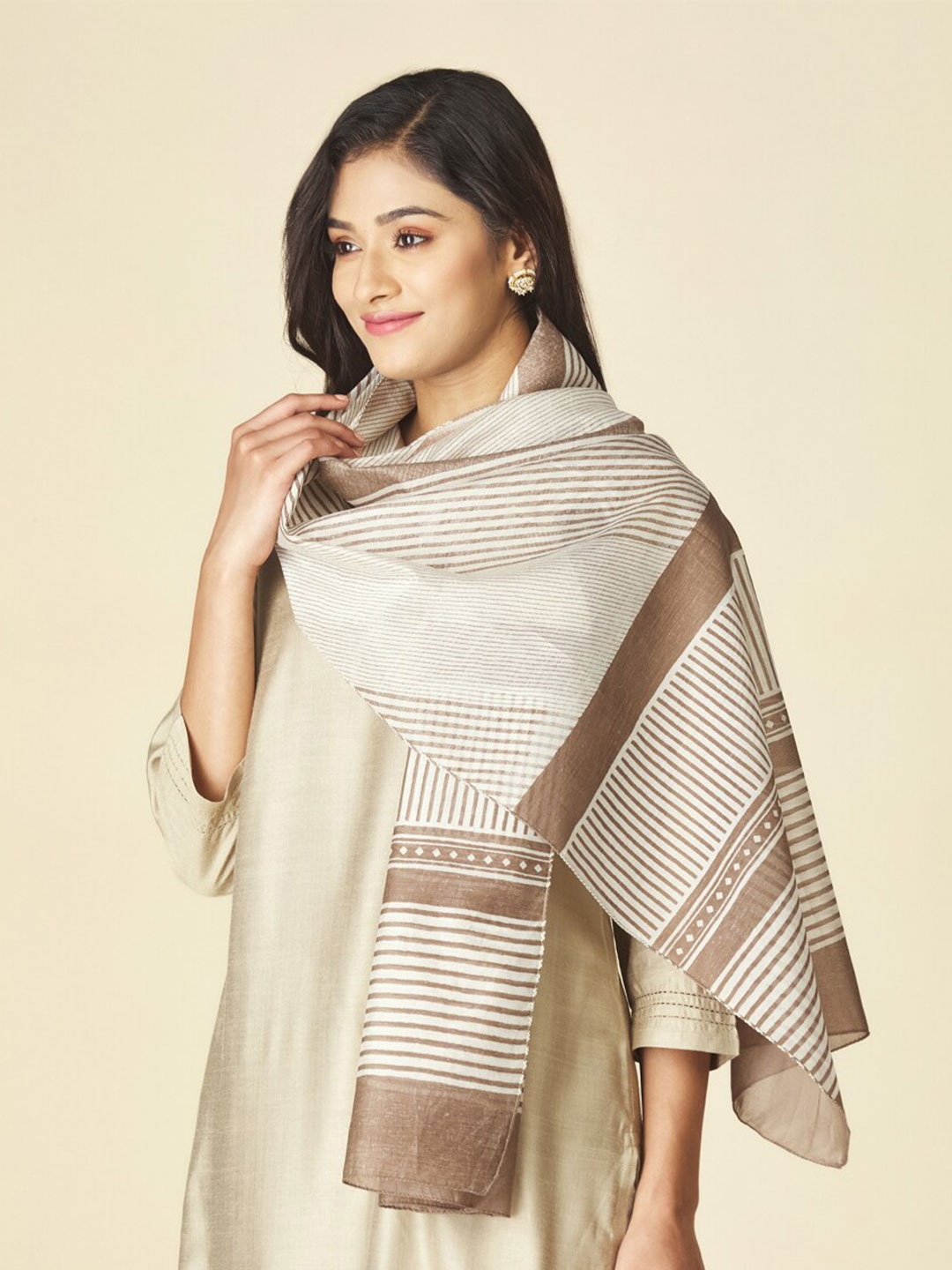 

Fabindia FabBasic Women Striped Cotton Silk Stole, Brown