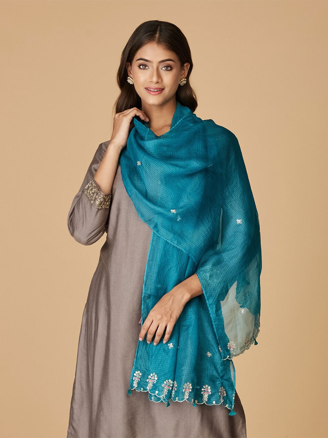 

Fabindia Women Embroidered Silk Stole, Teal