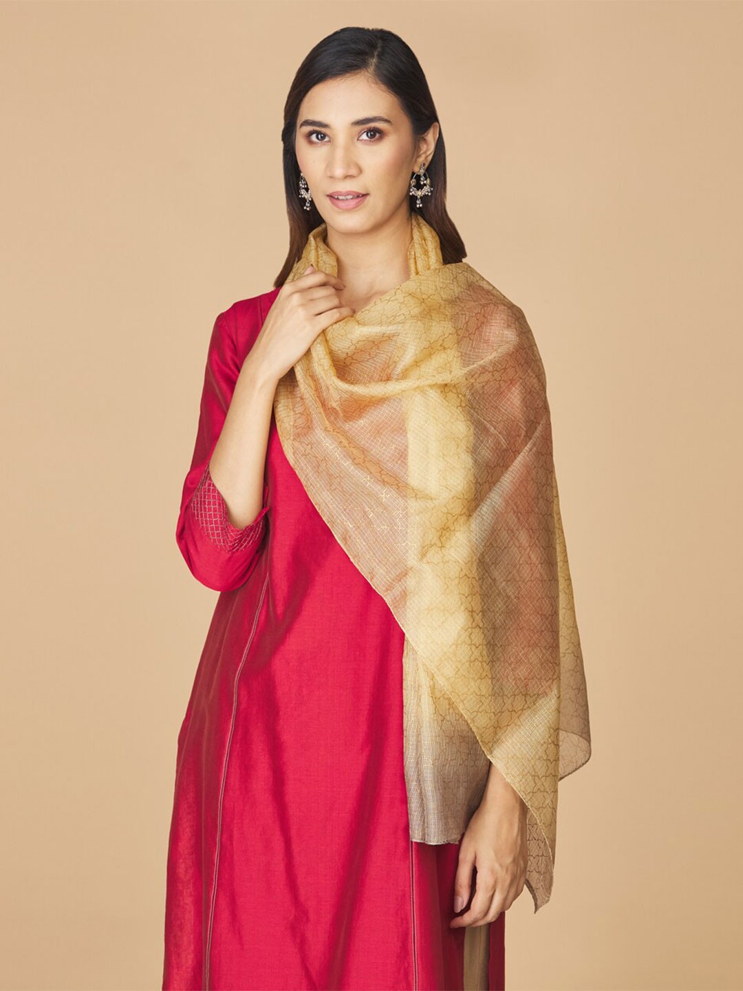 

Fabindia Women Geometric Printed Silk Stole, Mustard
