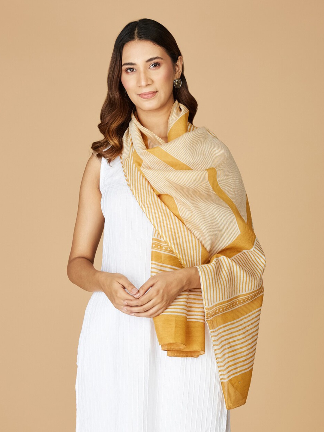 

Fabindia Women Printed Striped Stole, Mustard