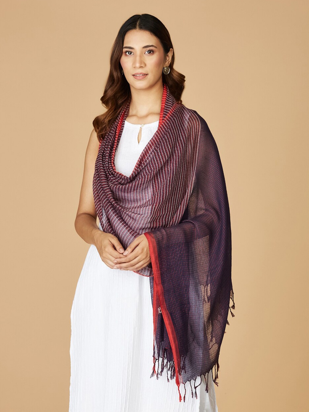 

Fabindia Women Printed Striped Cotton Stole, Purple