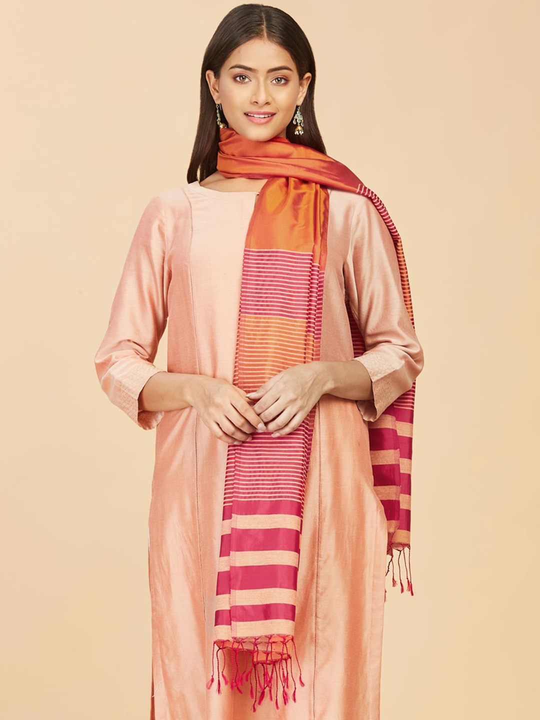 

Fabindia Women Printed Striped Stole, Orange