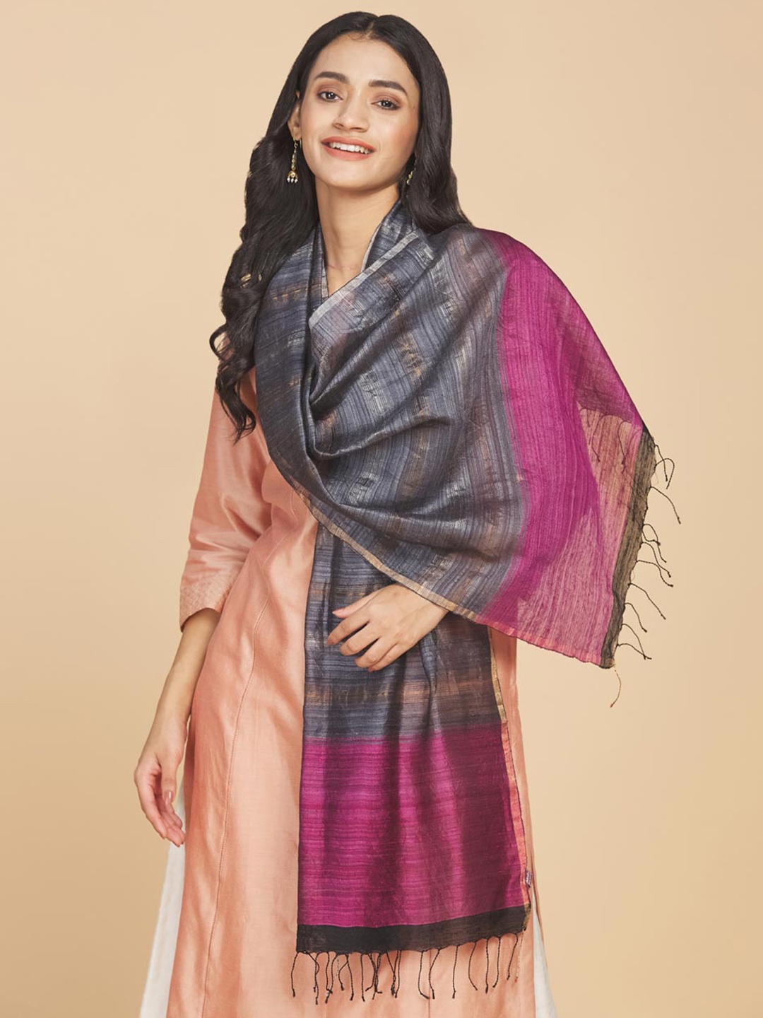 

Fabindia Women Woven Design Silk Stole, Grey