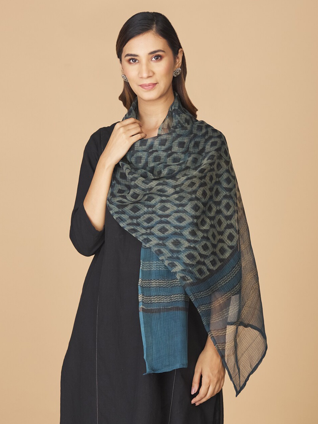 

Fabindia FabBasic Women Geometric Printed Cotton Silk Stole, Navy blue