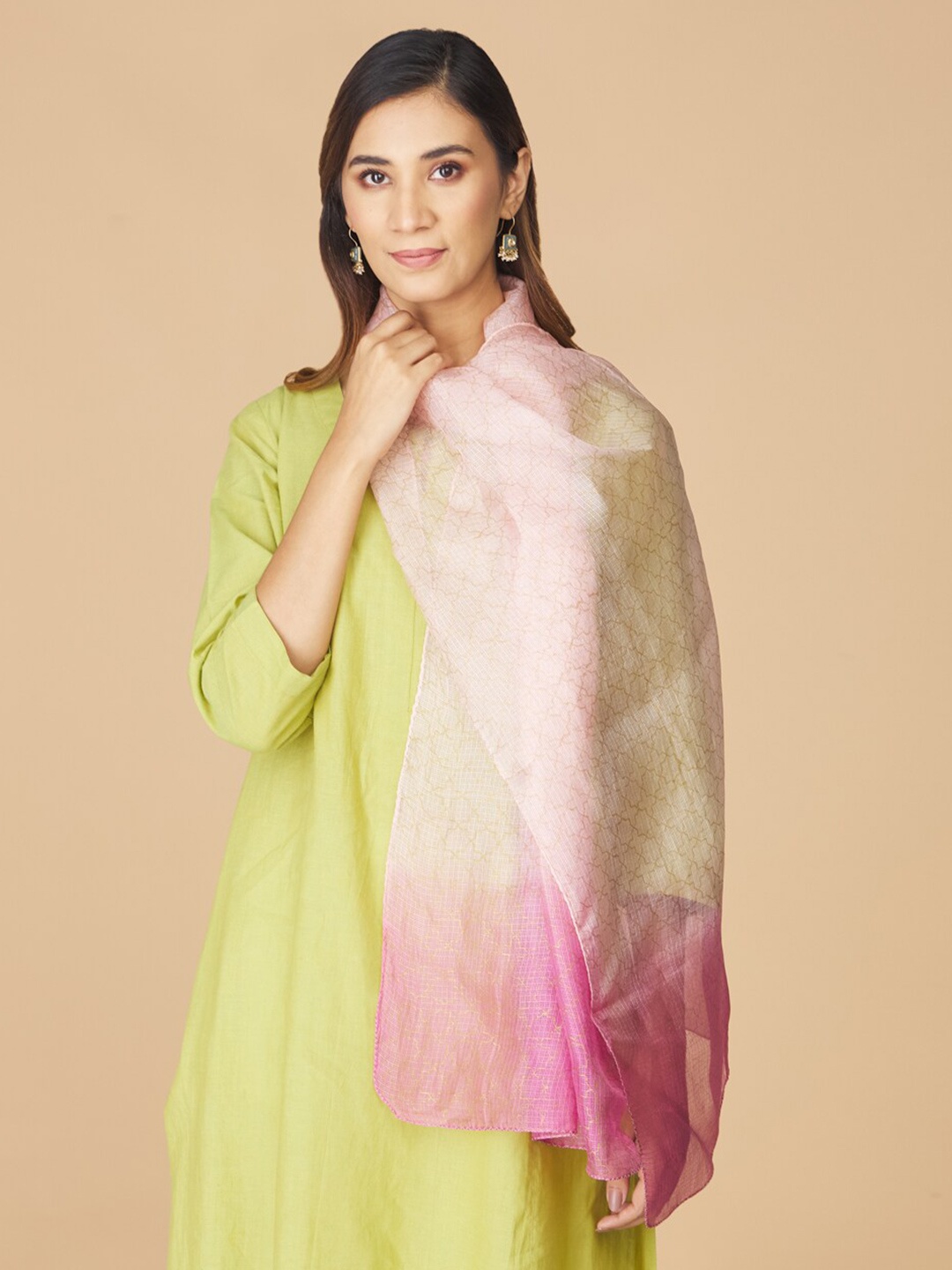 

Fabindia Women Geometric Printed Silk Stole, Pink