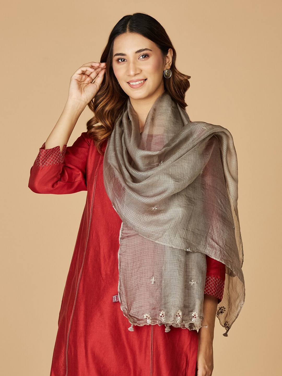 

Fabindia Women Embroidered Silk Stole, Grey