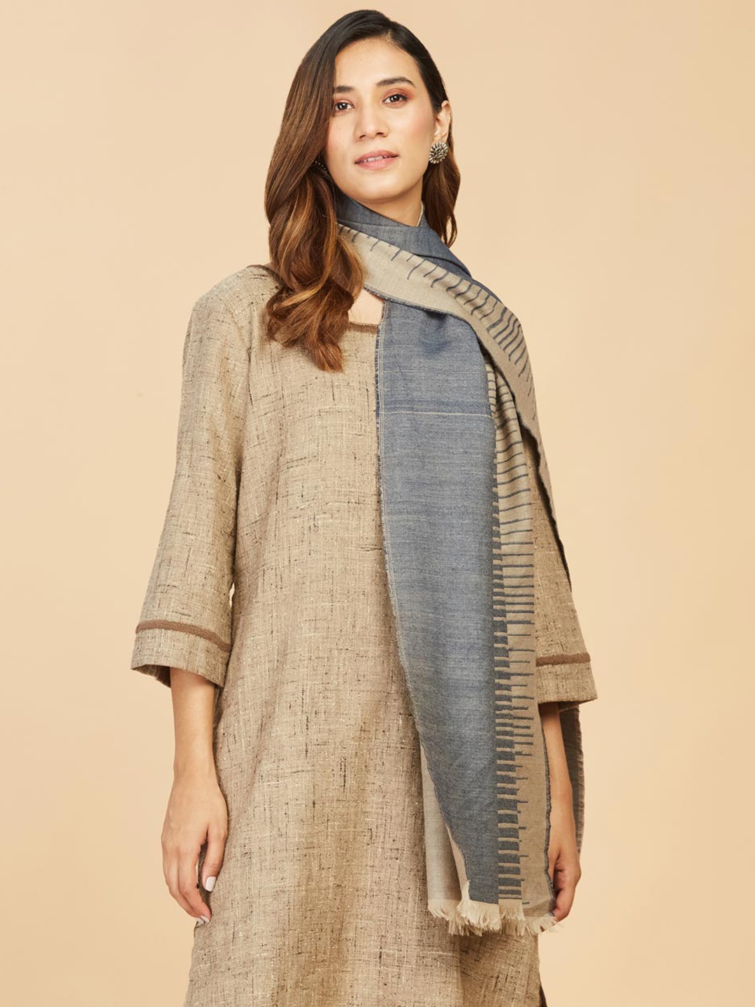 

Fabindia Women Striped Wool Stole, Grey