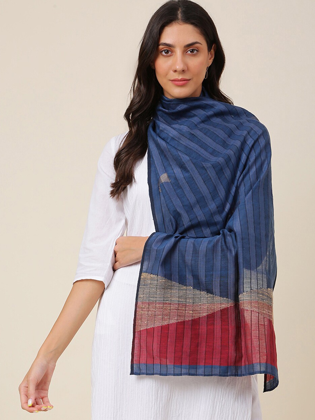 

Fabindia Women Striped Cotton Silk Stole, Navy blue
