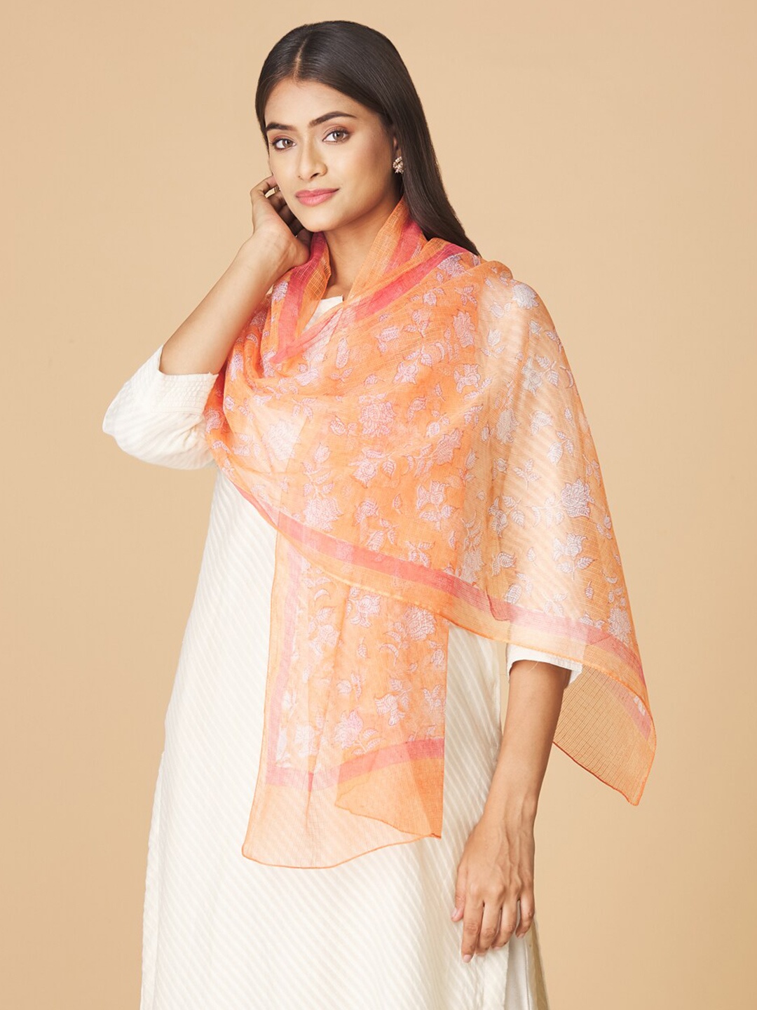 

Fabindia Women Floral Printed Cotton Silk Stole, Orange