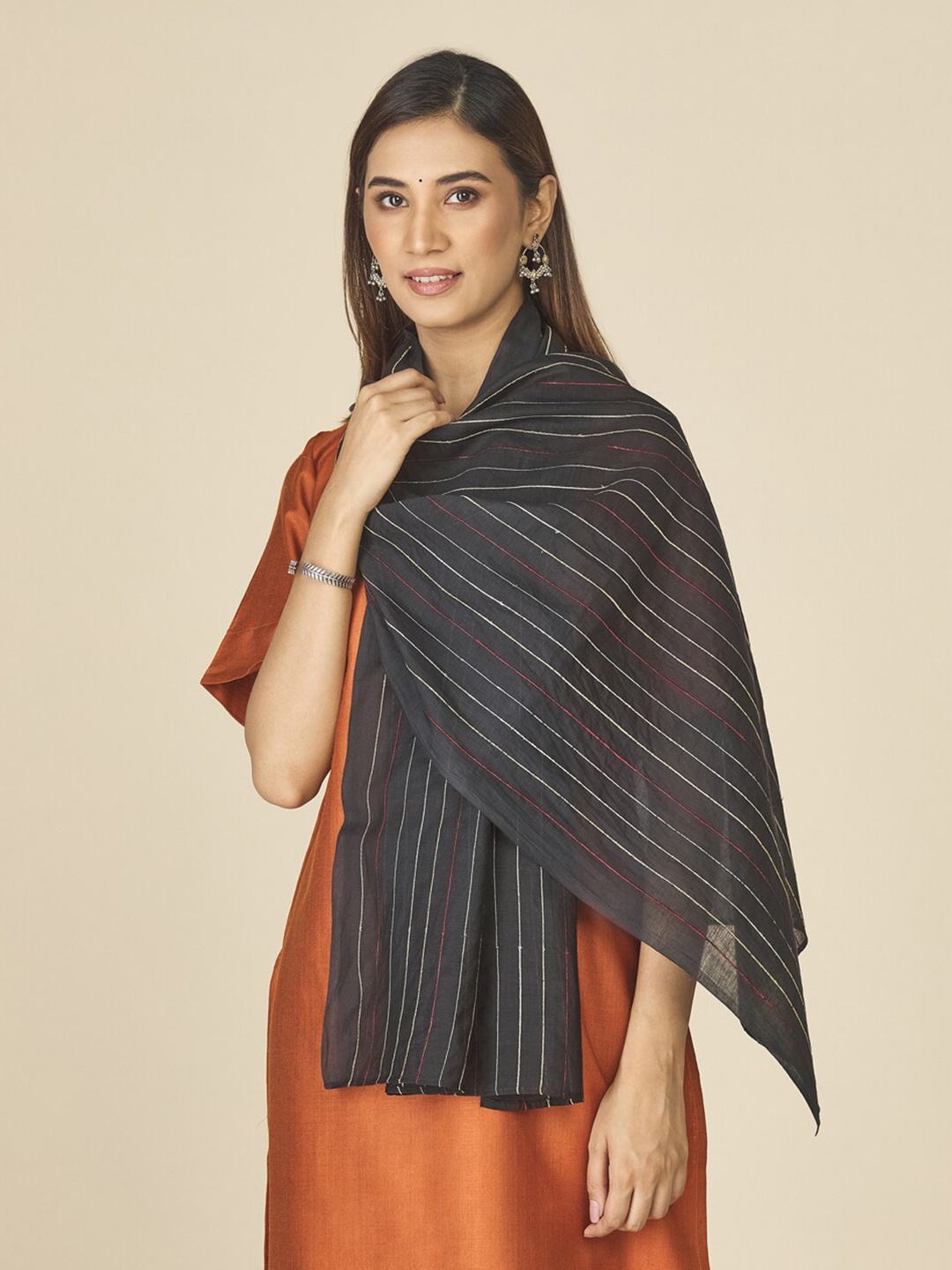 

Fabindia Women Striped Stole, Black