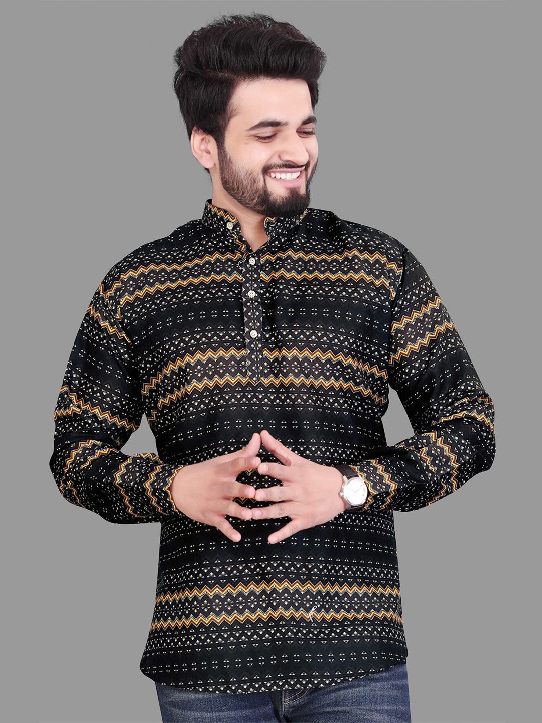

Fashion FRICKS Men Classic Printed Casual Shirt, Black