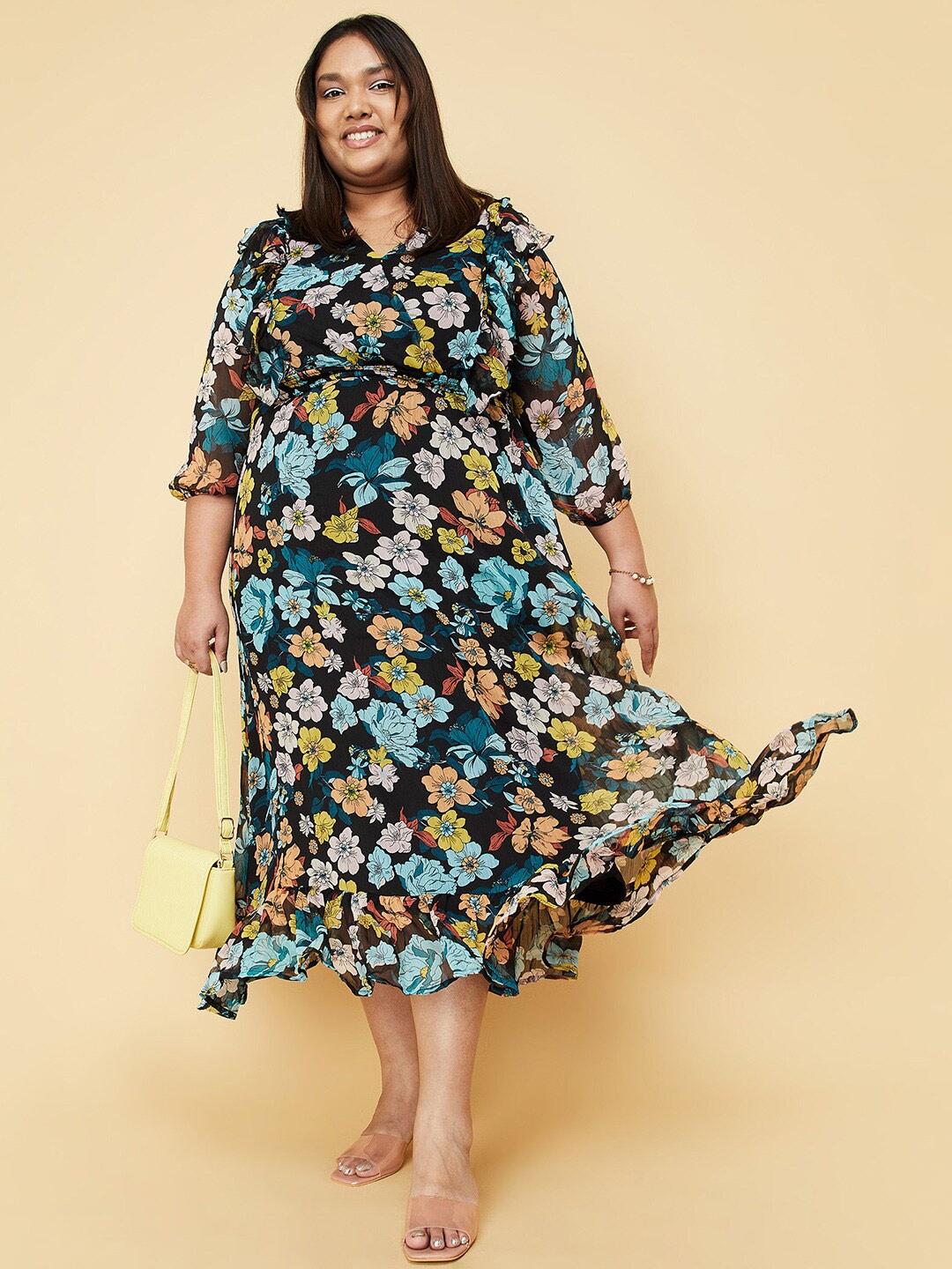 

max Plus Size Floral Printed Fit & Flare Maxi Dress, Black