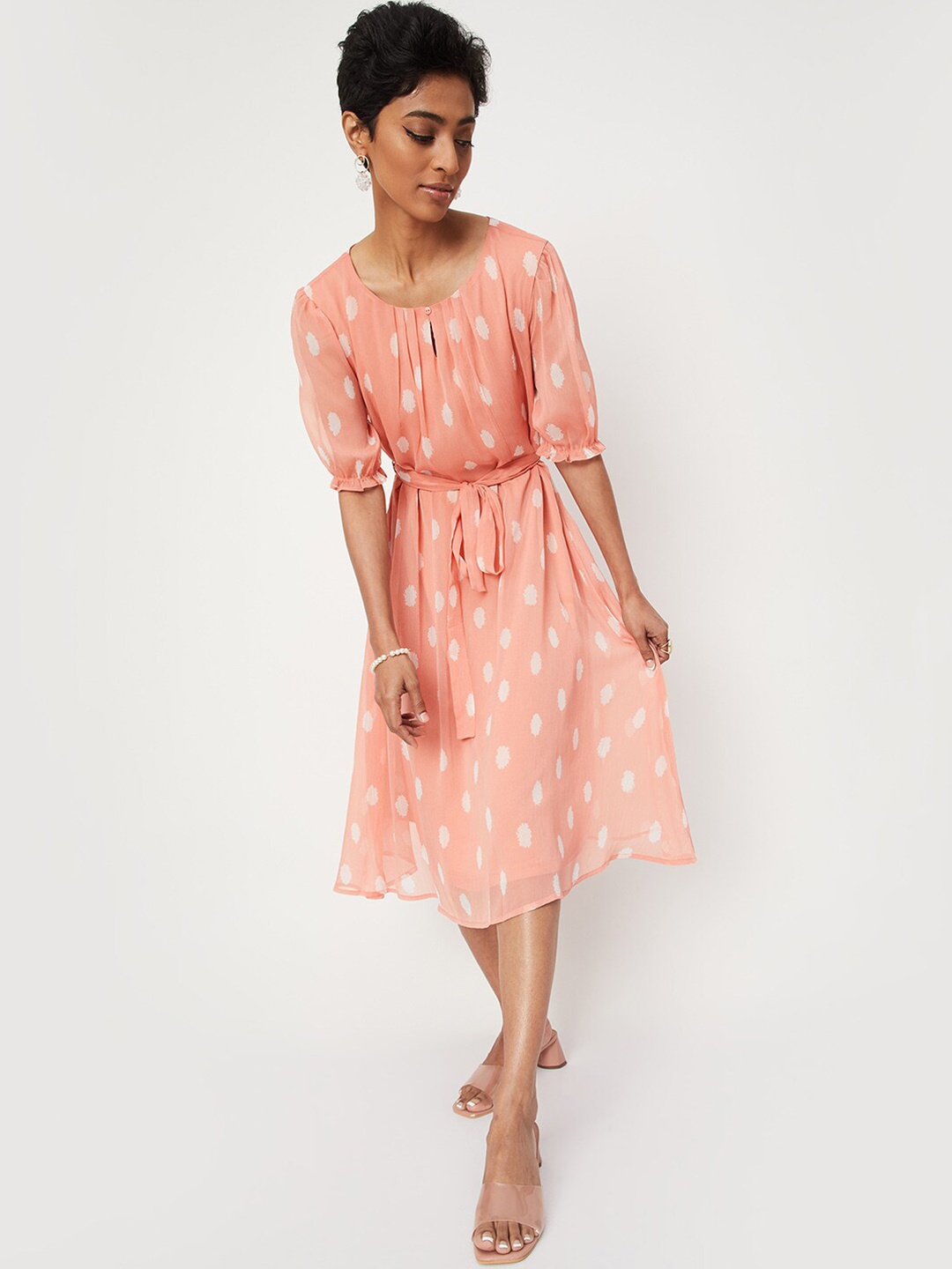 max Keyhole Neck Fit & Flare Midi Dress, Coral