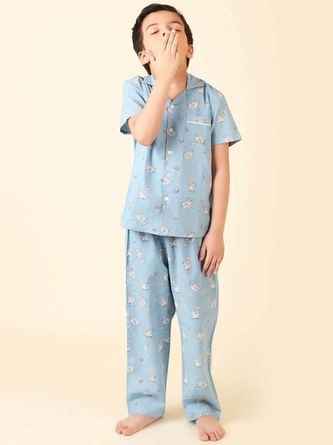 

Fabindia Boys Printed Pure Cotton Night suit, Blue