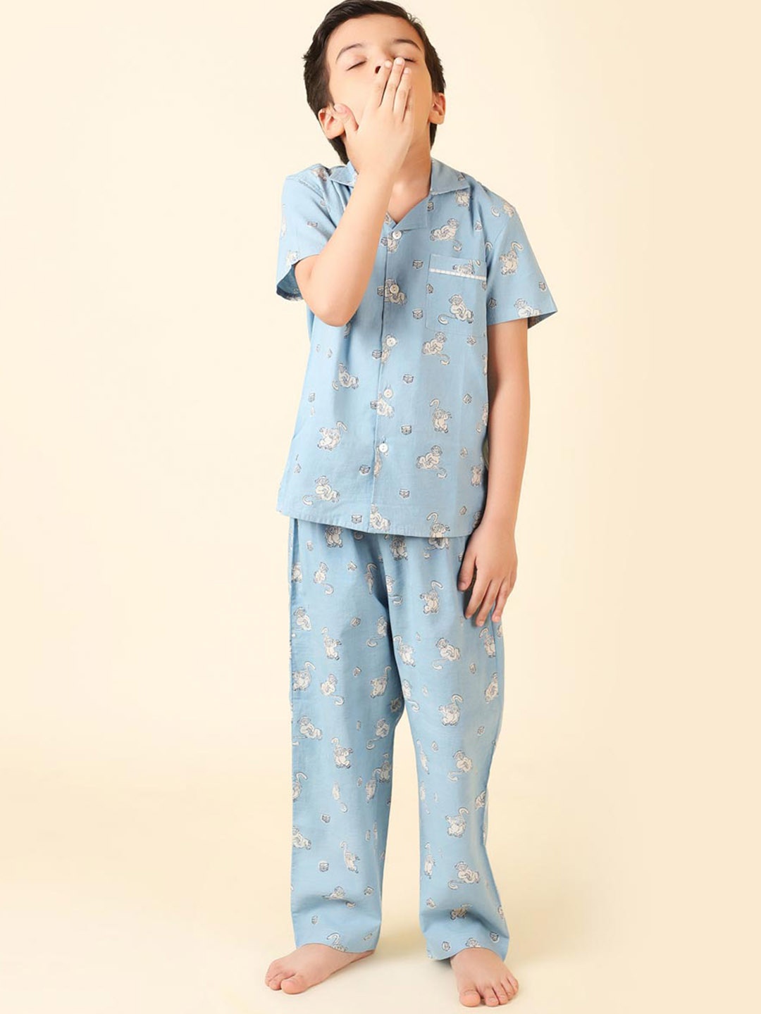 

Fabindia Boys Printed Pure Cotton Night suit, Blue