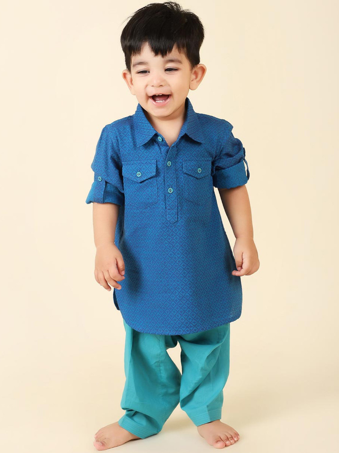 

Fabindia Boys Self Design Pure Cotton Kurta with Salwar, Blue