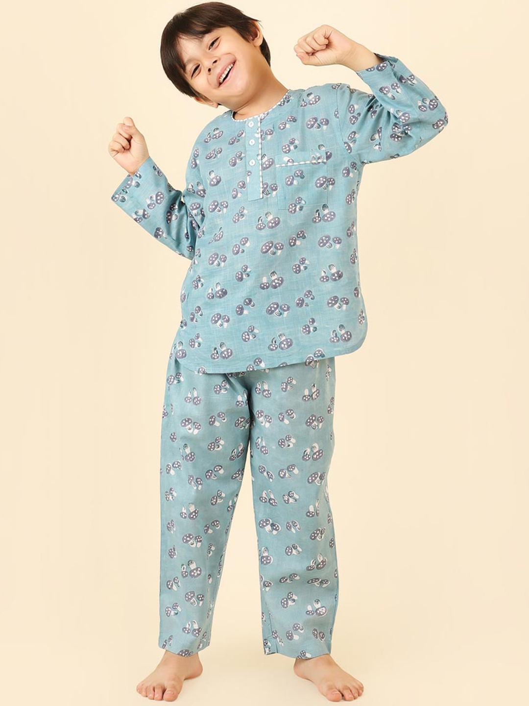 

Fabindia Boys Printed Pure Cotton Night suit, Blue