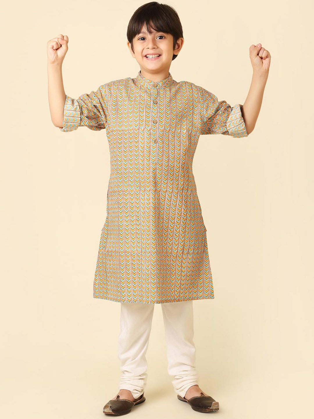 

Fabindia Boys Cotton Striped Kurta, Yellow