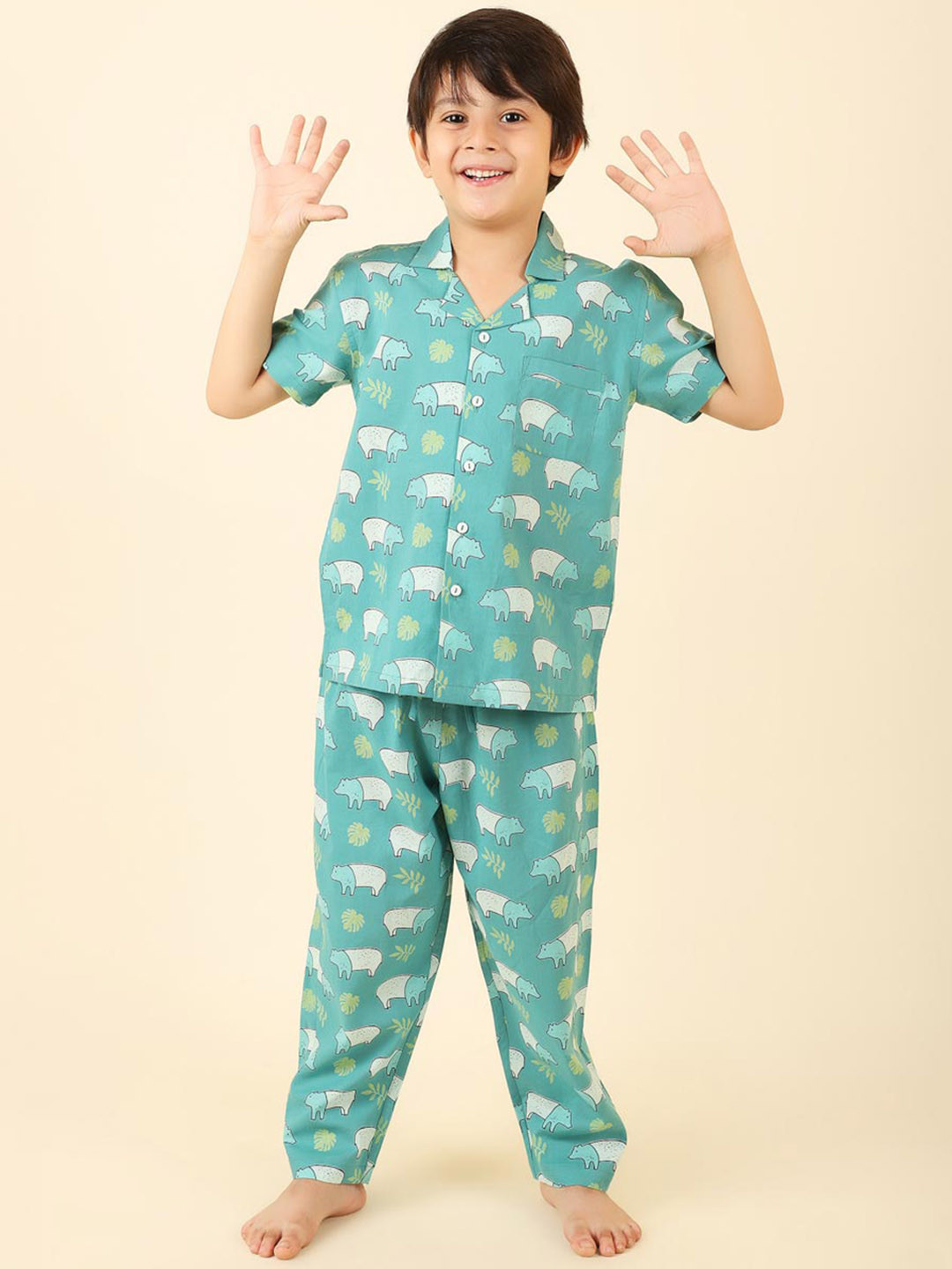

Fabindia Boys Printed Cotton Night suit, Green
