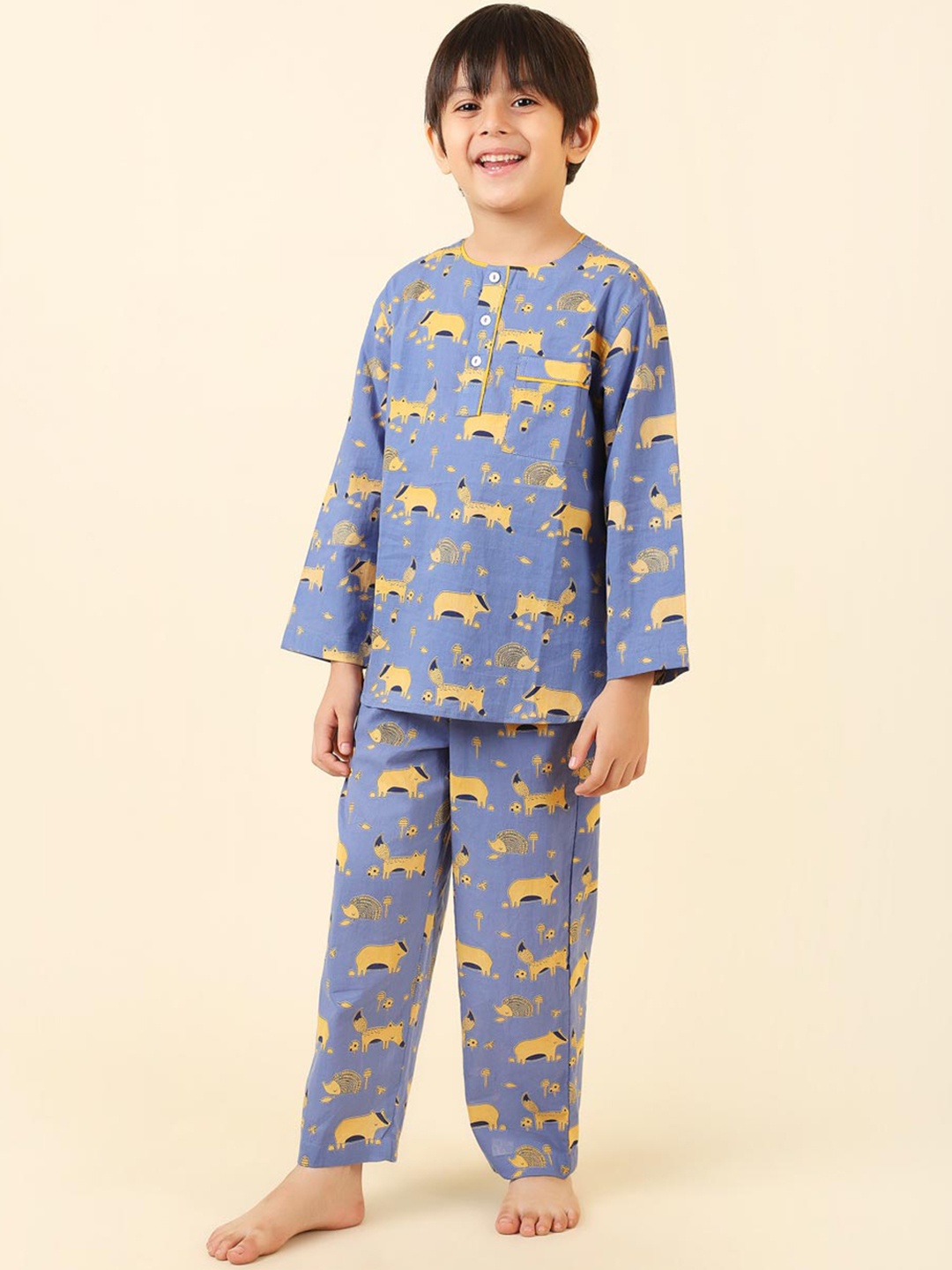 

Fabindia Boys Printed Pure Cotton Night suit, Blue