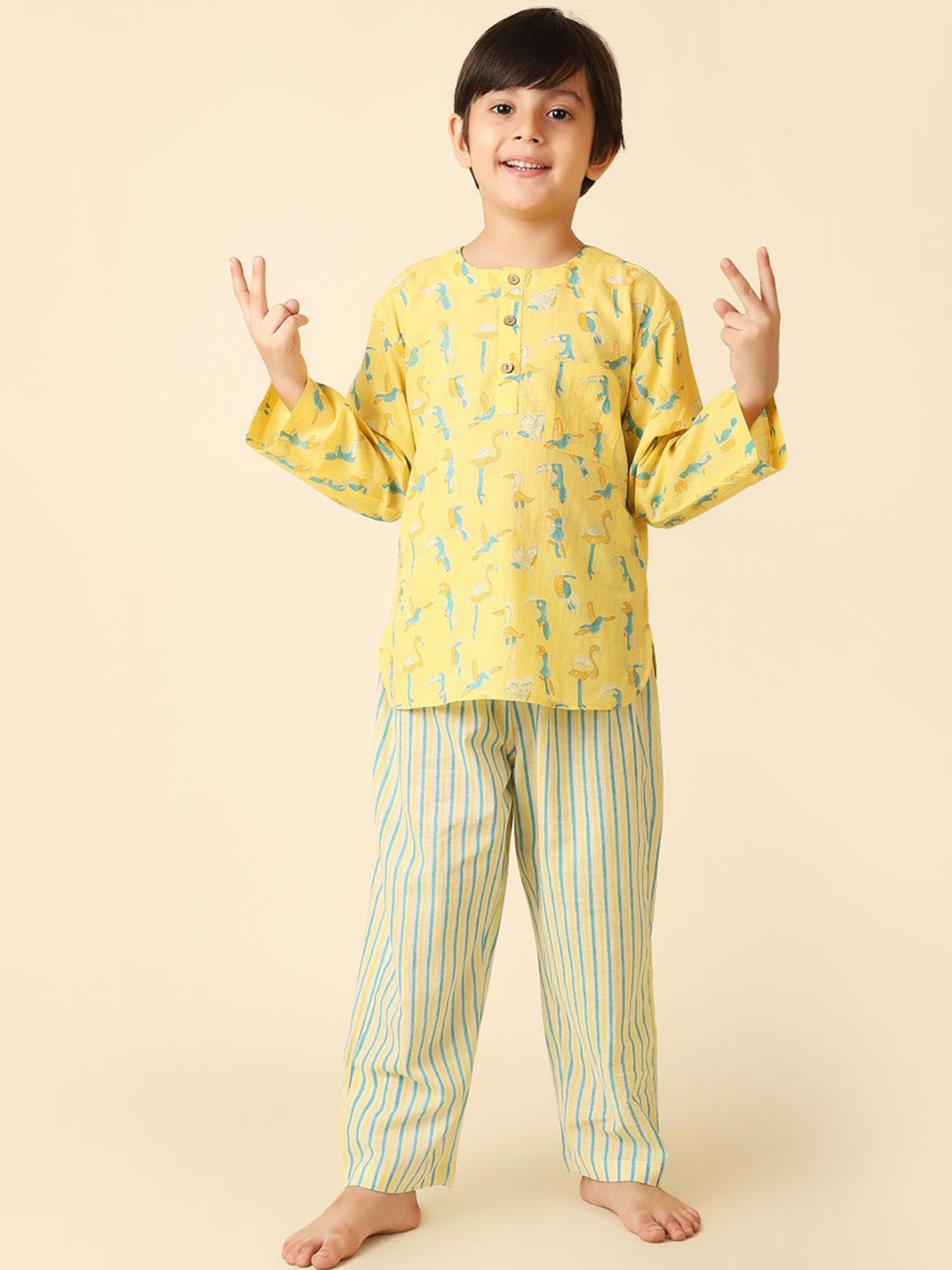 

Fabindia Boys Printed Pure Cotton Night suit, Yellow