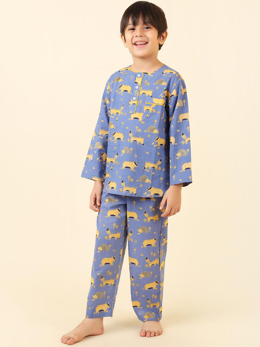 

Fabindia Boys Printed Pure Cotton Night suit, Blue