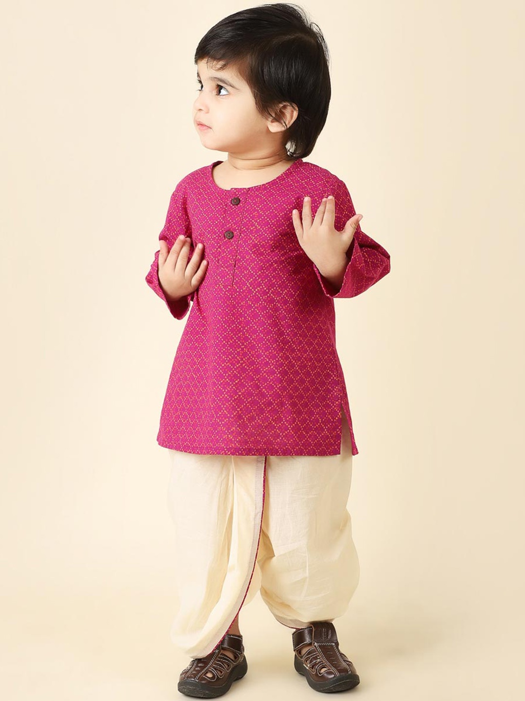 

Fabindia Boys Bandhani Printed Pure Cotton Kurta with Dhoti Pants, Purple