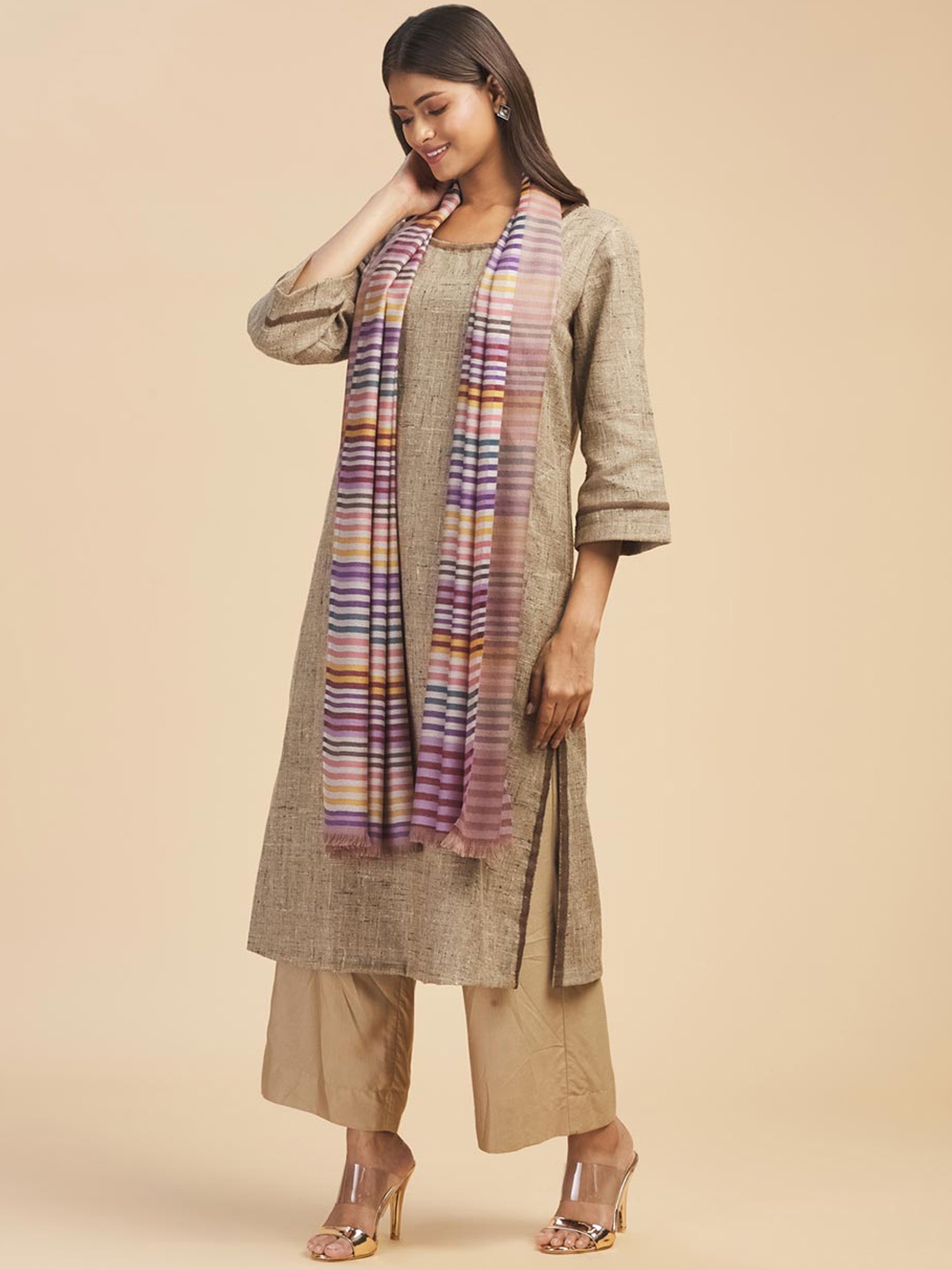 

Fabindia Women Striped Wool Shawl, Cream