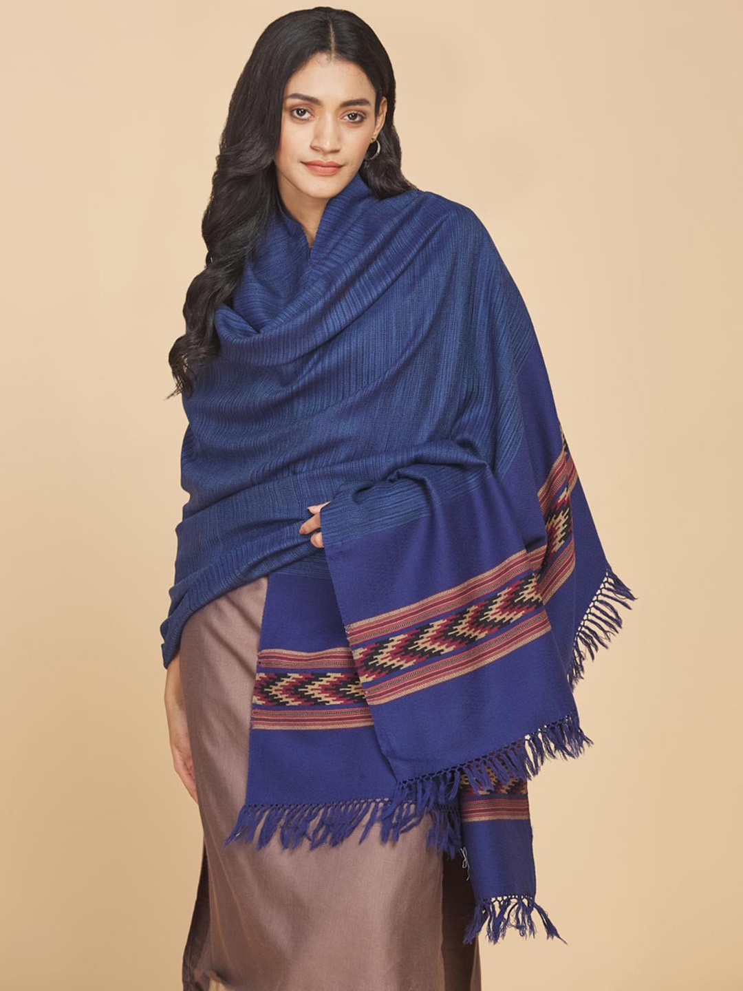 

Fabindia Women Woven Design Pure Wool Shawl, Navy blue