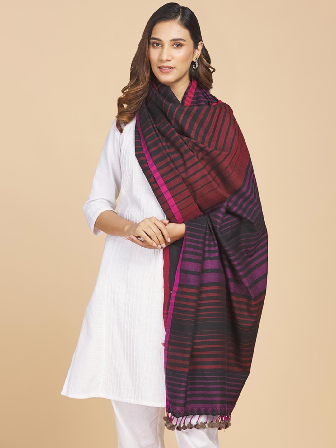 

Fabindia Women Striped Woolen Shawl, Maroon