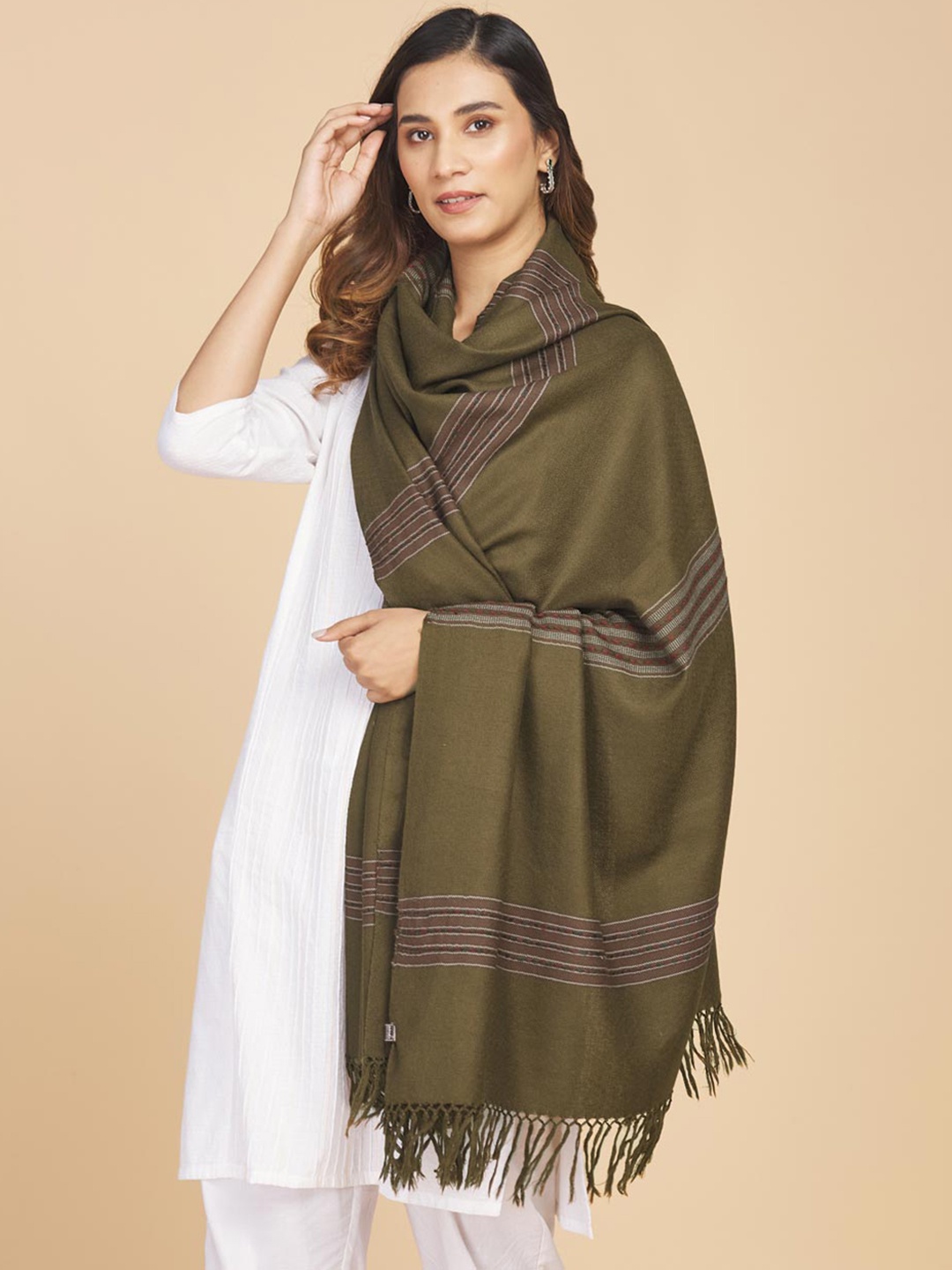 

Fabindia Women Striped Wollen Shawl, Olive