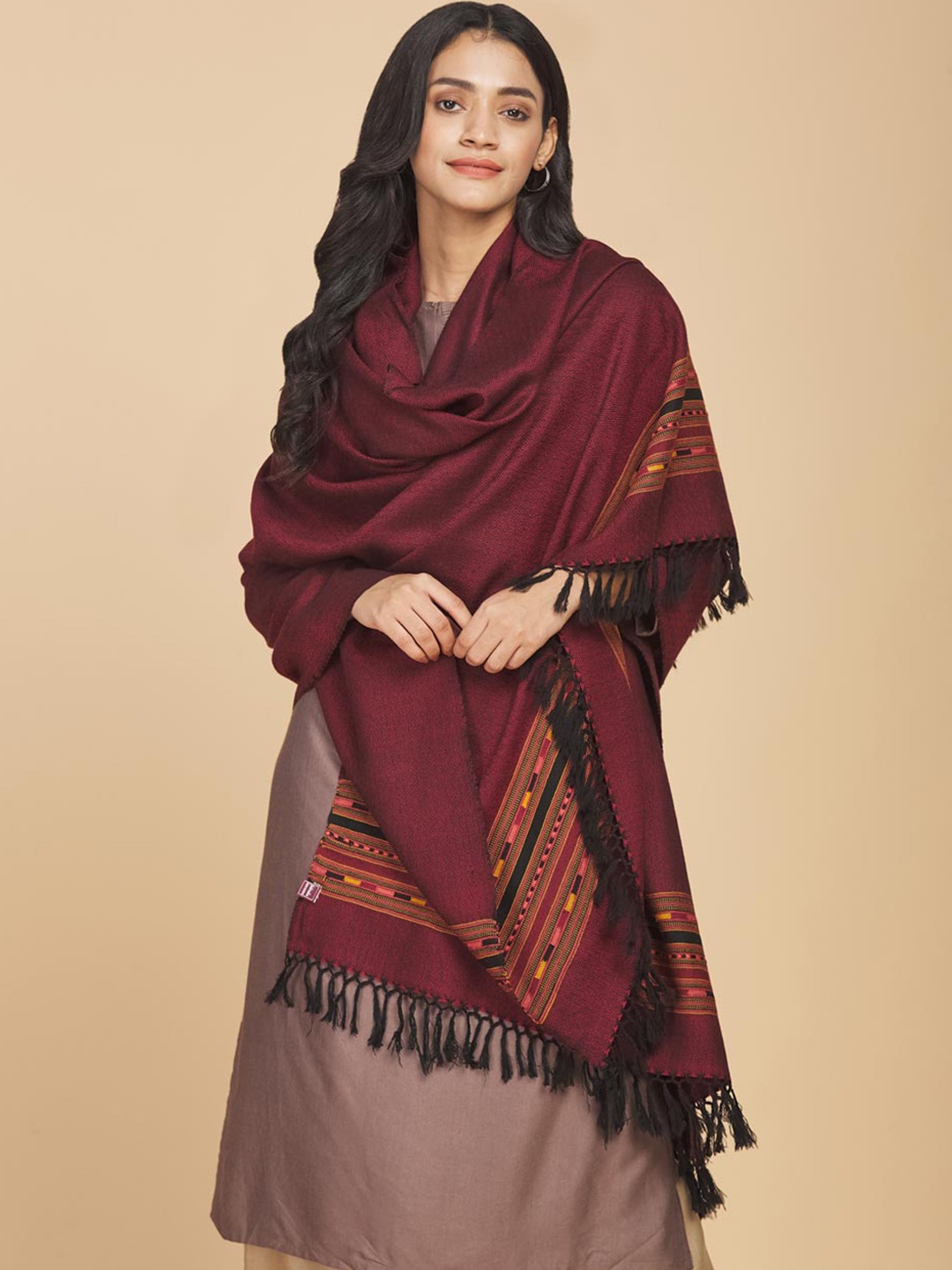 

Fabindia Women Woven-Design Woolen Shawl, Maroon