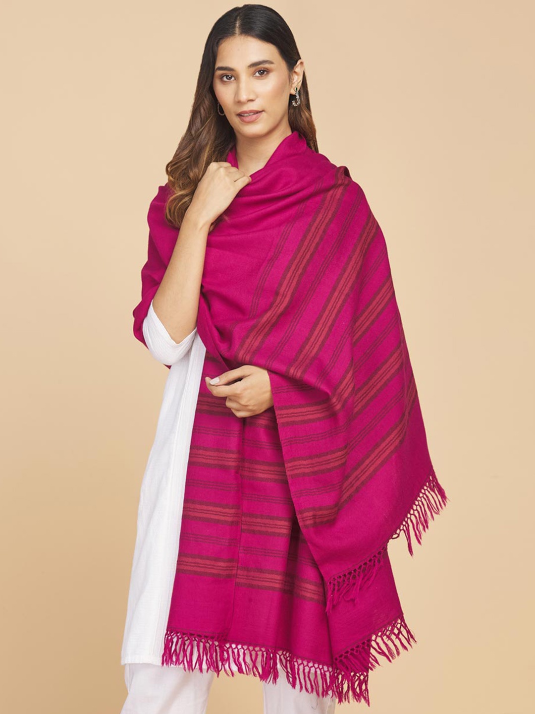 

Fabindia Women Striped Detail Woolen Shawl, Magenta