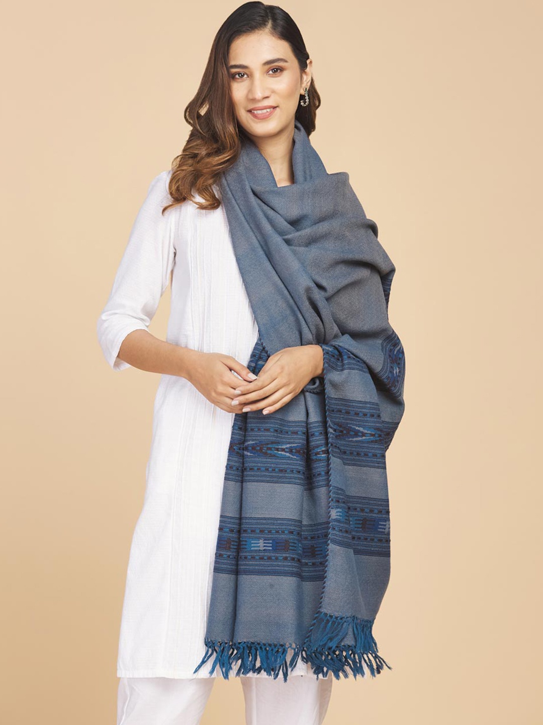 

Fabindia Women Woven-Design Wollen Shawl, Blue