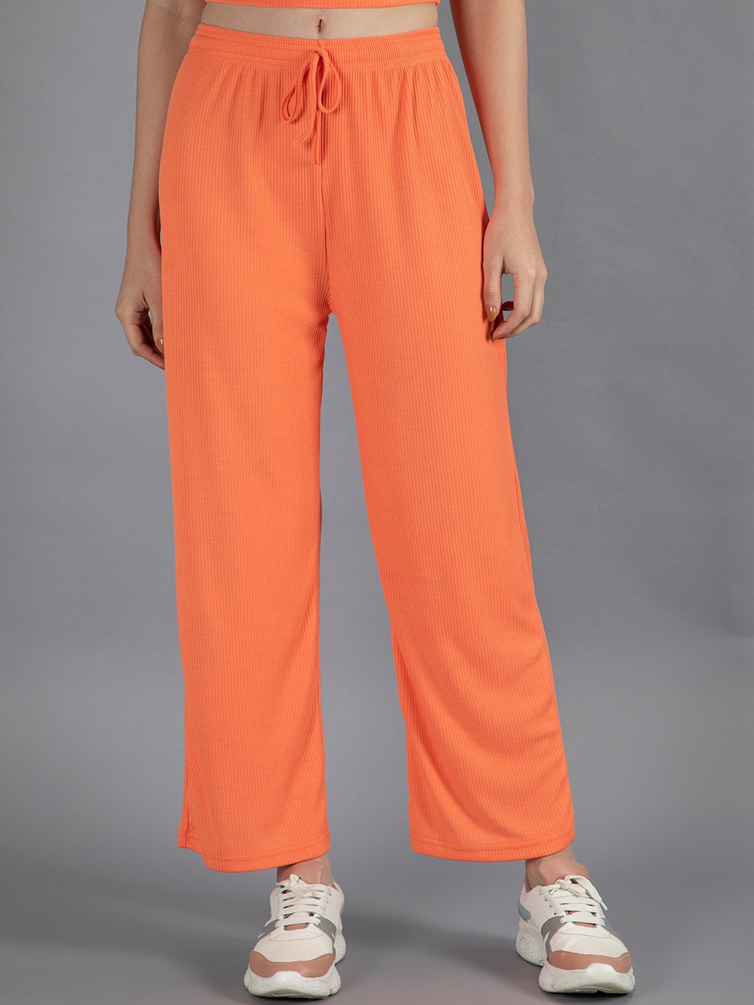 

NEUDIS Women Ribbed Flared Cotton Track Pants, Orange