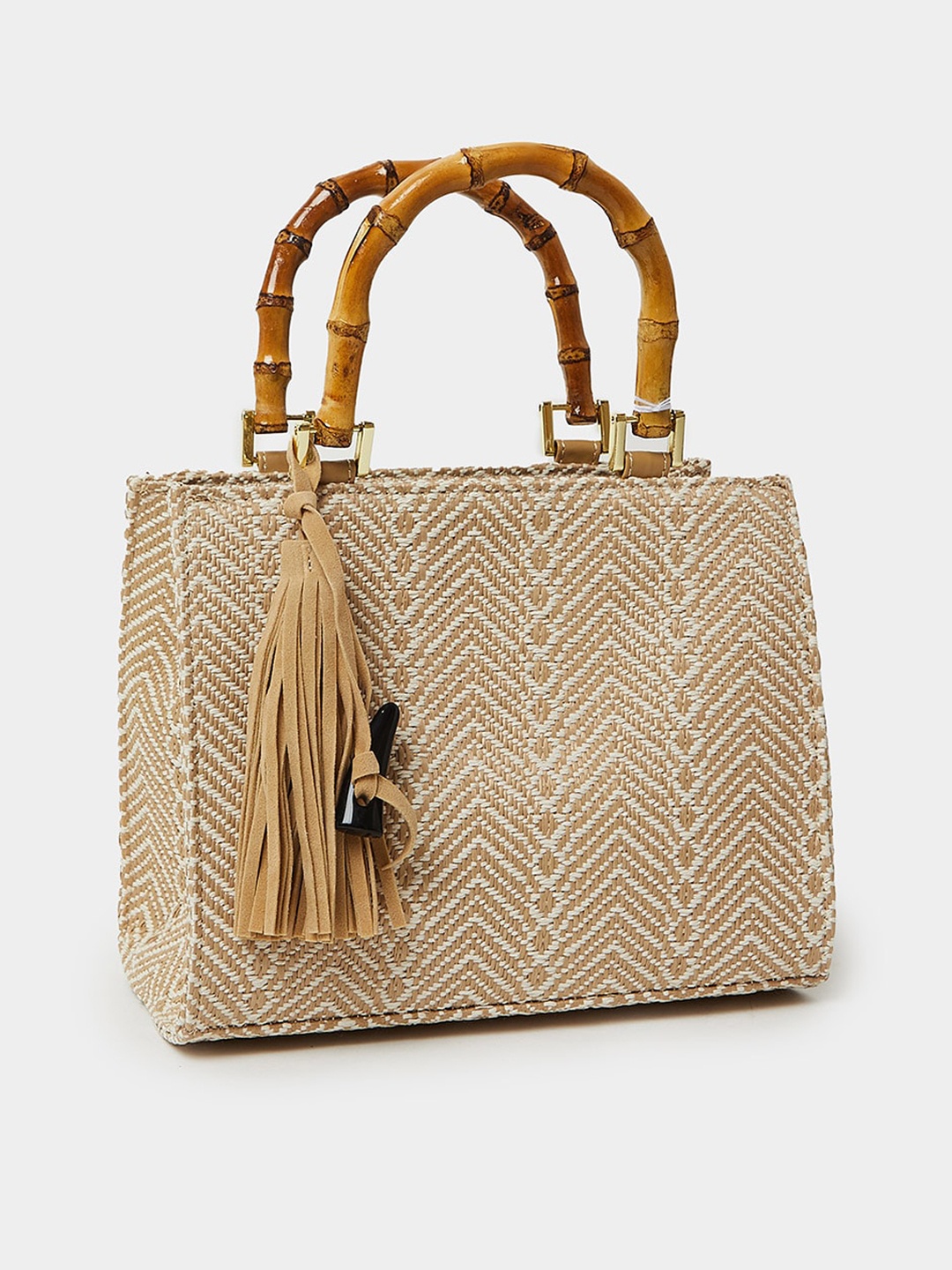 

Styli Tassel Design Textured Handbag, Beige