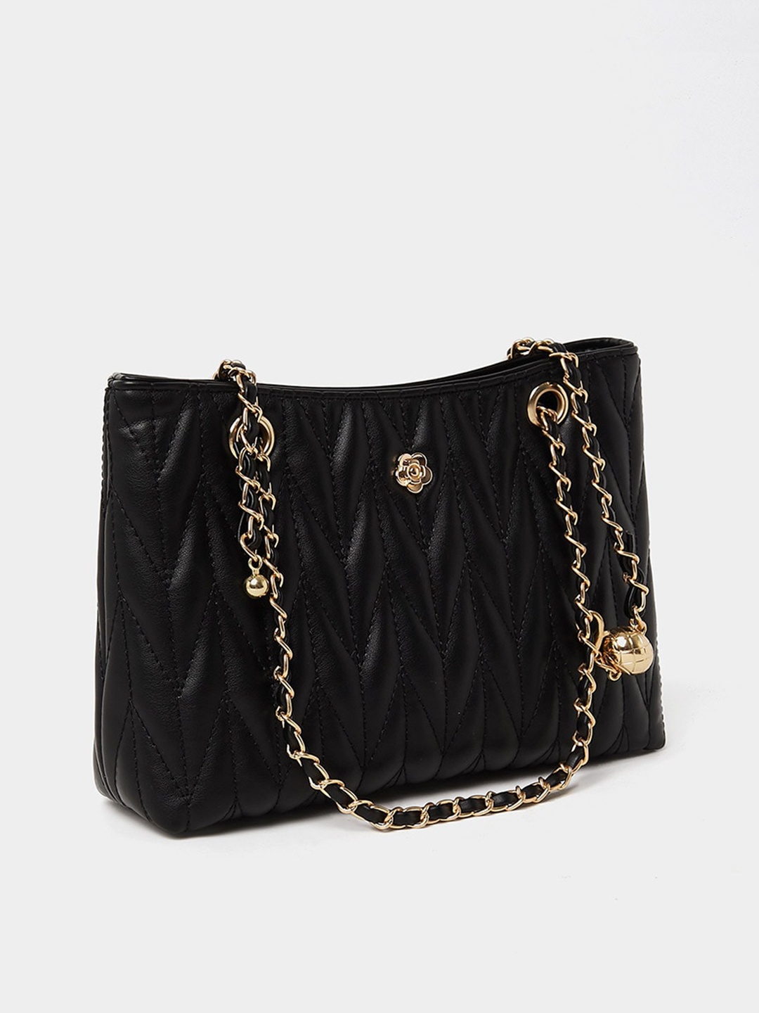 

Styli Geometric Textured Structured Shoulder Bag With Quilted Detail, Black