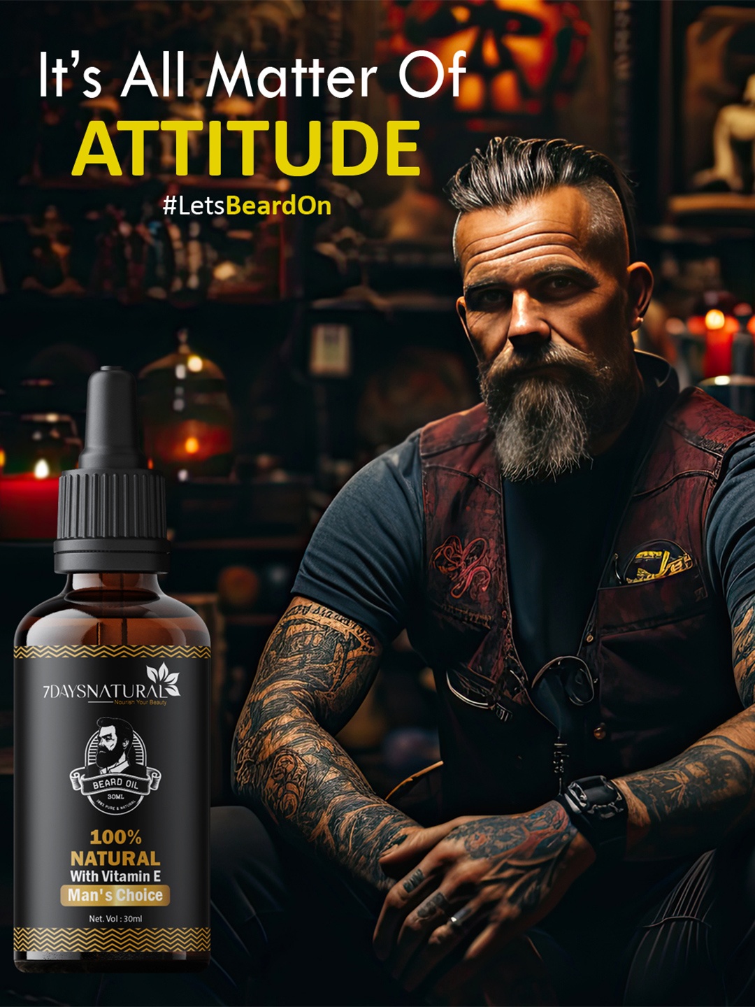 

7 DAYS Men Pure Organic Beard Oil with Tea Tree & Jojoba Oil - 30ml, Brown