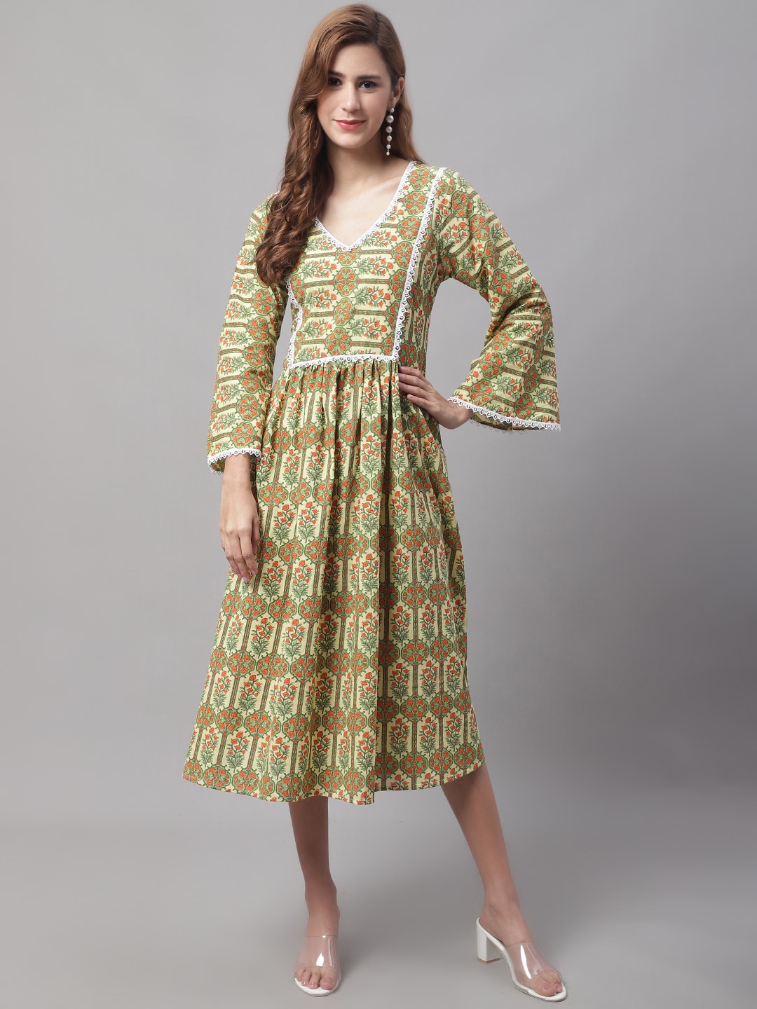 

Enchanted Drapes Floral A-Line Pure Cotton Midi Dress, Yellow