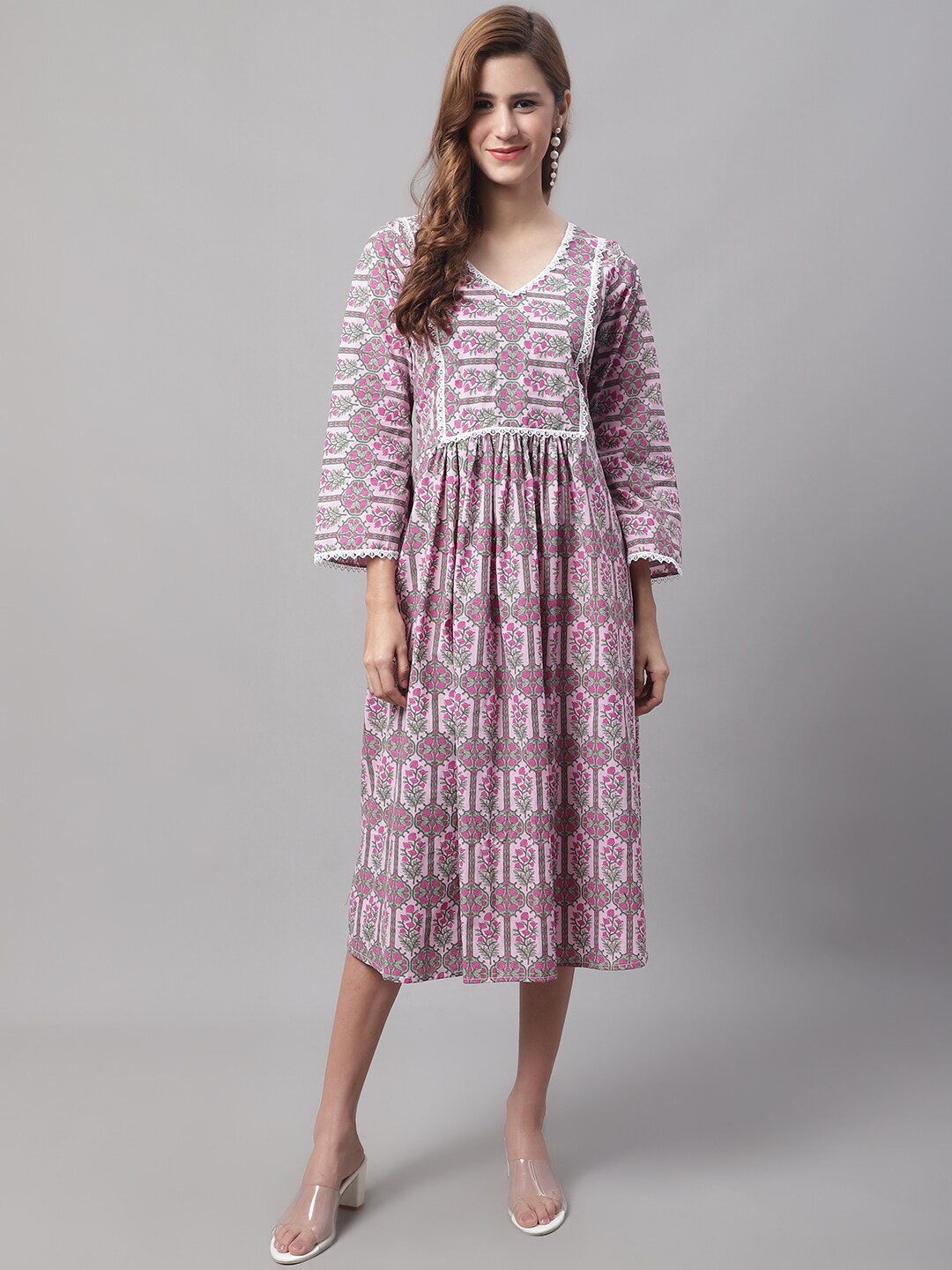 

Enchanted Drapes Floral Pure Cotton A-Line Midi Dress, Pink
