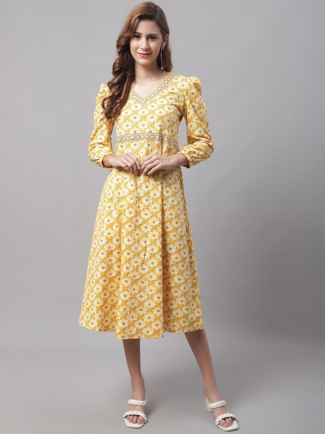 

Enchanted Drapes Floral A-Line Midi Pure Cotton Dress, Yellow