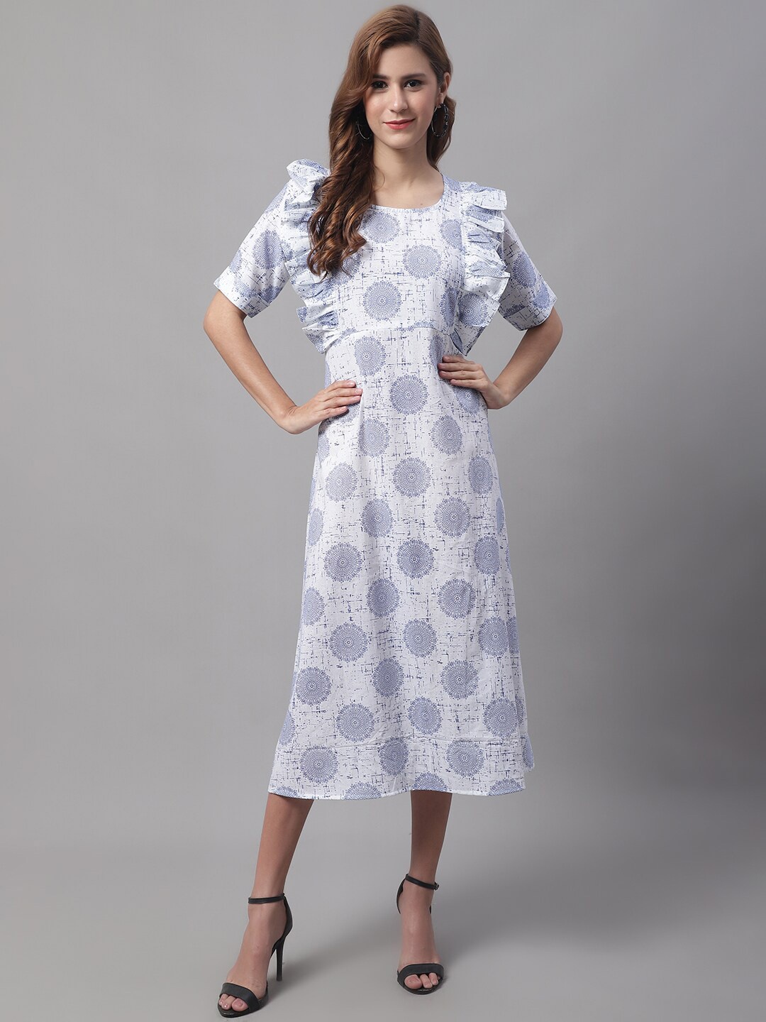 

Enchanted Drapes Ethnic Motifs A-Line Midi Pure Cotton Dress, Blue
